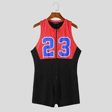 Maskulo NWS333 High Cut Wrestling Singlet '23' with zipper in black, red, and blue, made from quick-dry Polyester/Spandex for sports, gym, or casual wear.