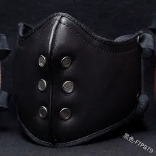 Maskulo NQ1367 black/silver PU leather muzzle mask with metal rivets, retro biker style for parties, games, and bedroom fun. Adjustable elastic band for any head size.