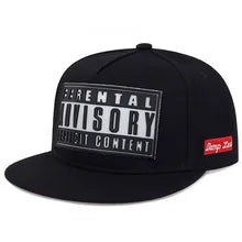 Maskulo NQ1341 Parental Advisory Premium Baseball Cap in Black/White, flat design, made from Cotton, Spandex, Polyester, PVC. Ideal for daily wear, parties, travel, and as a gift.