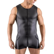 Maskulo NWS151 black PU wrestling singlet with front-to-rear zipper and side pockets, ideal for posing, parties, cosplay, or bedroom games.