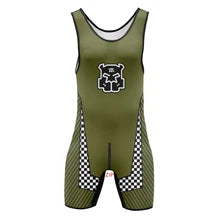 Maskulo NWS319 high-cut wrestling singlet with zipper, in Green Army, Black, White. Made of soft spandex with a puppy icon. Ideal for posing, parties, cosplay, and bedroom games.