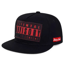 Maskulo NQ1343 Parental Advisory Premium Baseball Cap in Black/Red, with PVC patch, flat design, made of Cotton, Spandex, Polyester, PVC. Ideal for daily wear, parties, travel.
