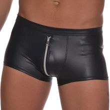 Maskulo NSH360 black/silver thin PU leather trunk shorts with zipper, ideal for gym, party, cosplay, and daily wear.
