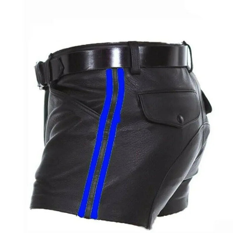 Maskulo NSH314 black PU leather shorts with blue stripes, military-inspired saddle rear design. Perfect for bold statement looks, cosplay, parties, and daily wear.