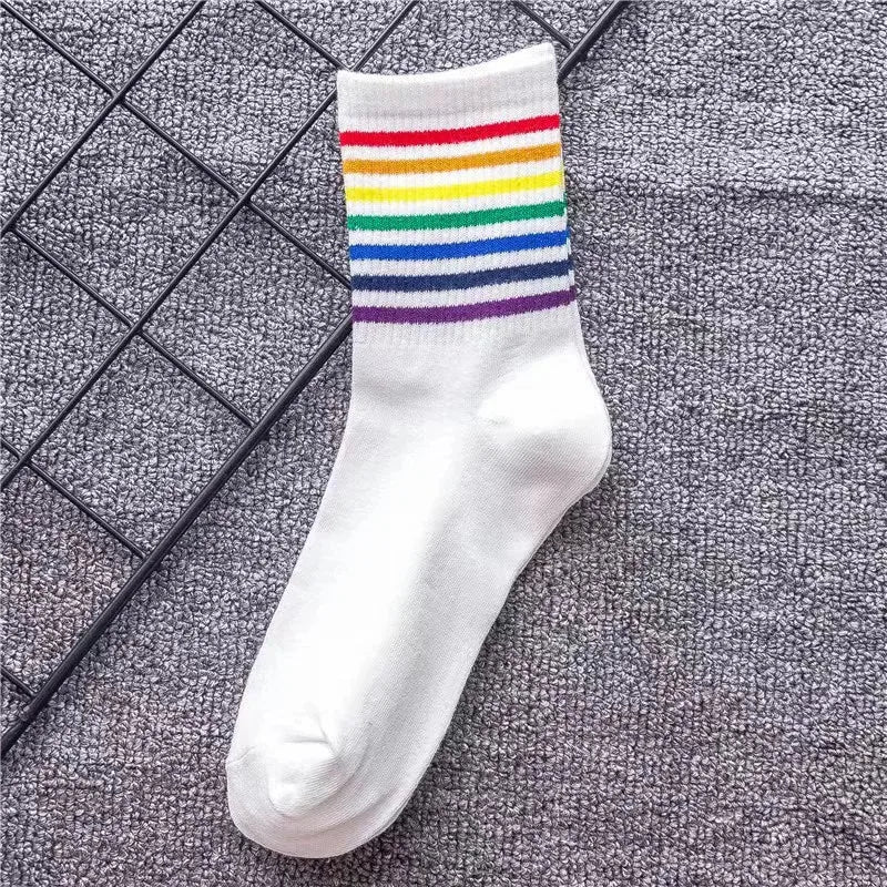 Maskulo NSC340 Rainbow Line Crew Socks in White. Made from Cotton, Polyester, Spandex, these socks support LGBT rights organizations.