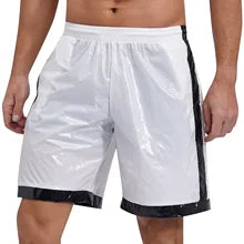 Maskulo NSH321 White/Black Free-to-body Knee Shorts with a glass-like shine, made from PVC/Polyester, perfect for a techno look.