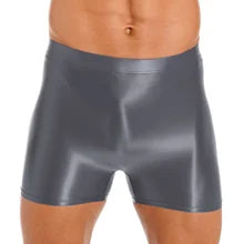Maskulo NSH354 Gray Silky Glossy Mid-Thigh Shorts for men, tight and stretchy polyester/spandex, ideal for gym, sports, or casual wear.