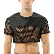 Maskulo NTP312 black fishnet & PU leather crop-top with shiny front panel, ideal for nightclubs, parties, or role-playing.