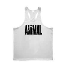 Maskulo NTP315 Gym Tank Top in White/Black, with "ANIMAL" wording. Made of Cotton, Spandex, Polyester. Highlights neck, shoulders, and biceps. Ideal for gym, sports, and daily wear.