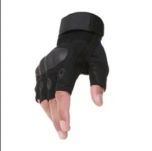 Maskulo NQ3317 Tactical Fingerless Gloves in black with plastic knuckles. Made from polyester/nylon, ideal for tactical use, cycling, cosplay, and daily wear.