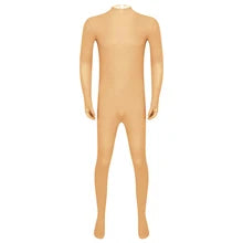 Maskulo NST331 Spandex Full Body Suit in Beige, one-piece with zipper, ideal for bedroom games, cosplay, parties, posing, and role-playing.