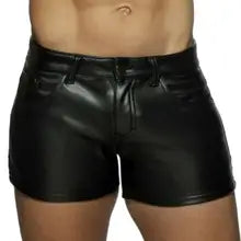 Maskulo NSH317 black PU leather shorts with Armed Forces design, saddle rear, for daily wear, parties, cosplay, or posing.