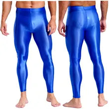 Maskulo NLG316 blue silky, glossy leggings. Tight, stretchy polyester/spandex for fetish, cosplay, parties, posing, and role-playing.