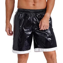 Maskulo NSH320 Free-to-body Knee Shorts, black/white, PVC/Polyester, industrial techno look with glass-like shine.