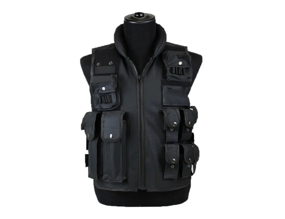 Maskulo NVS312 Tactical Vest in Black/White. Features SWAT design, nylon/polyester material, and impressive massive collar. Ideal for daily wear, gym, sports.