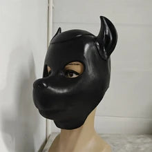 Maskulo NQ1369 Black Rubber+PVC Dog Full Head Mask, smooth surface, fits M, L, XL sizes, for party, game, or bedroom games.