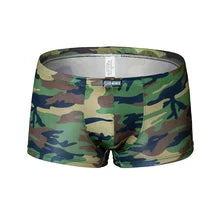 Maskulo NSH351 Silky Trunk Shorts in Camouflage Woodland for men. Tight, stretchy, and glossy polyester/spandex shorts, ideal for gym, sports, or casual wear.