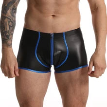 Maskulo NSH359 black/blue thin PU leather trunk shorts with blue zipper & piping. Ideal for gym, sports, parties, and daily wear.