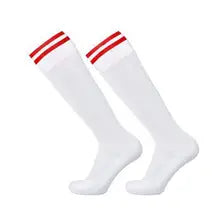 Maskulo NSC321 white knee soccer socks with 2 red stripes, made of breathable, quick-dry polyester/spandex, for football.