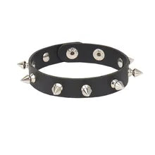 Maskulo NQ3331 black 1cm PU leather wristband with thin silver spikes for an alternative look. Perfect for cosplay, daily wear, parties, walking, and travel.