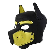 Maskulo NQ1407 Yellow and Black Neoprene Puppy Mask Hood with Removable Muzzle for Role-Playing, Cosplay, and Games.
