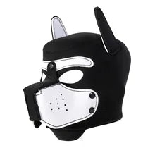 Maskulo NQ1417 White & Black Neoprene Puppy Mask Hood for role-playing, cosplay, and parties with removable muzzle.
