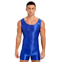 Maskulo NWS325 Silky High Cut Wrestling Singlet in Royal Blue, made of tight and stretchy Polyester/Spandex for a glossy shine and smooth touch. Ideal for gym, sports, or daily wear.