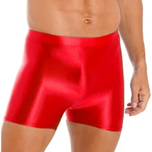 Maskulo NSH355 Red Silky Glossy Mid-Thigh Shorts for men: tight, stretchy polyester/spandex, ideal for gym, sports, or everyday wear.