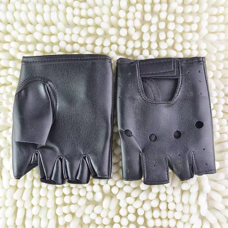 Bicycle Rider Thin PU Leather Fingerless Gloves. Black