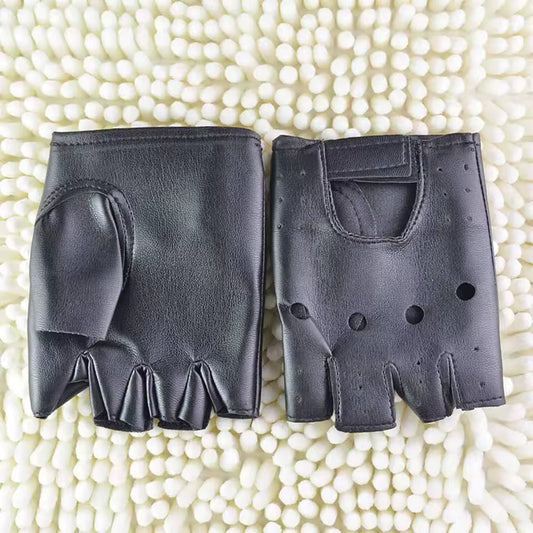 Bicycle Rider Thin PU Leather Fingerless Gloves. Black