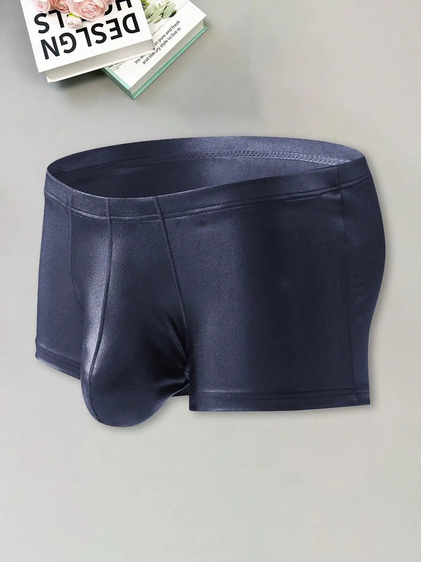 Shiny Polyester Trunk Shorts. Blue Navy