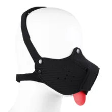 Black neoprene pup hood with detachable muzzle for cosplay and role-playing, featuring stainless steel details.