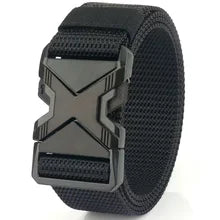 Maskulo NQ4315 black nylon jeans belt with 'X' design plastic buckle, military style, quality webbing, ideal for daily wear, tactical activities, travel, and walking.