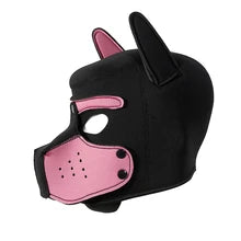 Pink and black neoprene pup hood with removable muzzle, perfect for cosplay, role-playing, and costume parties.