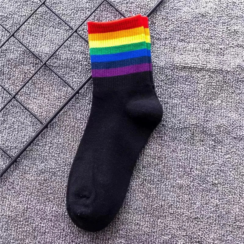 Maskulo Rainbow Line Crew Socks, black with 7-color stripes, made from cotton, polyester, and spandex for daily wear. NSC336.