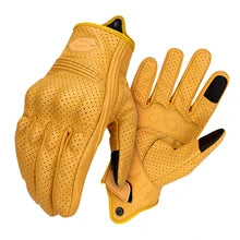 Maskulo Berlin Perforated Rider Gloves - yellow-sand and black, full finger, thick PU leather, waterproof, breathable.