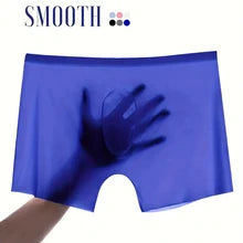 Maskulo NSH353 See-Through Silky Trunk Shorts in blue, made from tight, stretchy polyester/spandex with a glossy shine. Ideal for gym, sports, bedroom games, or daily wear.