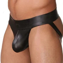 Maskulo NJS303 Thin Black PU Leather Jockstrap for men, featuring a Thongs G String design, ideal for bedroom games, cosplay, posing, and parties.