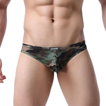 Maskulo NBR311 Silky Mini Briefs in Camouflage Woodland, made from tight, stretchy polyester/spandex with a glossy finish. Ideal for daily wear, parties, or role-playing.