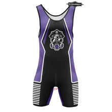 Maskulo NWS315 High Cut Wrestling Singlet with Gas Mask Officer Icon. Black, Violet, White spandex, soft and smooth for posing, party, cosplay, and bedroom games.