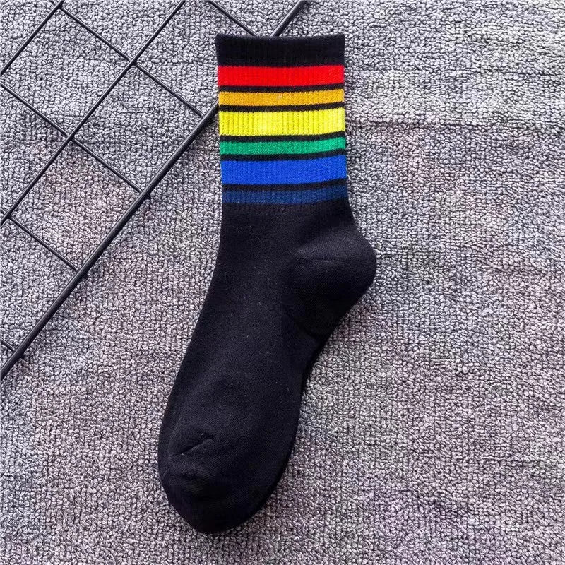 Maskulo NSC338 Rainbow Line Crew Socks, black with 6 colors, varying stripes. Made from Cotton, Polyester, Spandex for daily wear.