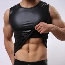 Maskulo NTP323 black stretchy PU leather sleeveless top for men, with a round neck, smooth and tight fit, ideal for daily wear, gym, sports, and jogging.