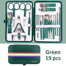 Maskulo Portable Manicure Set (NGL319) - 18 Pcs, Silver metal, includes black nail clipper set, personal care tools, eyebrow scissors. Ideal for travel.