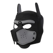 Maskulo NQ1419 Gray/Black Neoprene Puppy Mask Hood with removable muzzle for role-playing and cosplay.