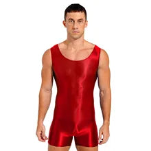 Maskulo NWS326 Red Silky High Cut Wrestling Singlet for men, tight-fit polyester/spandex with glossy shine, ideal for gym, sports, or daily wear.