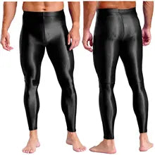 Maskulo NLG314 black silky glossy fetish leggings made of stretchy polyester and spandex, ideal for cosplay, parties, or role-playing.