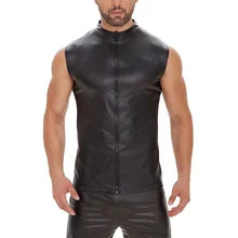 Maskulo NVS311 black PU leather vest for men. Smooth, tight, and stretchy, ideal for daily wear, gym, or sports.