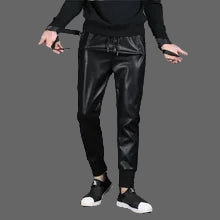 Maskulo NPN313 Black PU Leather Pants for men. High elasticity, windproof, waterproof, ideal for winter, daily wear, parties, cosplay, sports, and more.