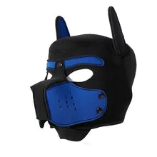 Maskulo NQ1413 Neoprene Puppy Mask Hood with removable muzzle in blue and black for cosplay, role-playing, and parties.