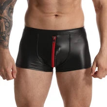 Maskulo NSH342 Thin PU Leather Trunk Shorts, black/red, with red zipper, for gym, party, or daily wear.